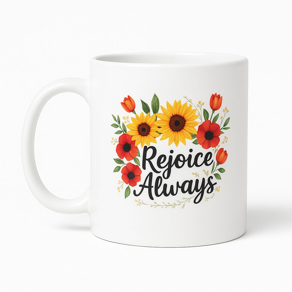 Rejoice Always Floral Mug – Inspirational UV DTF Sticker Design