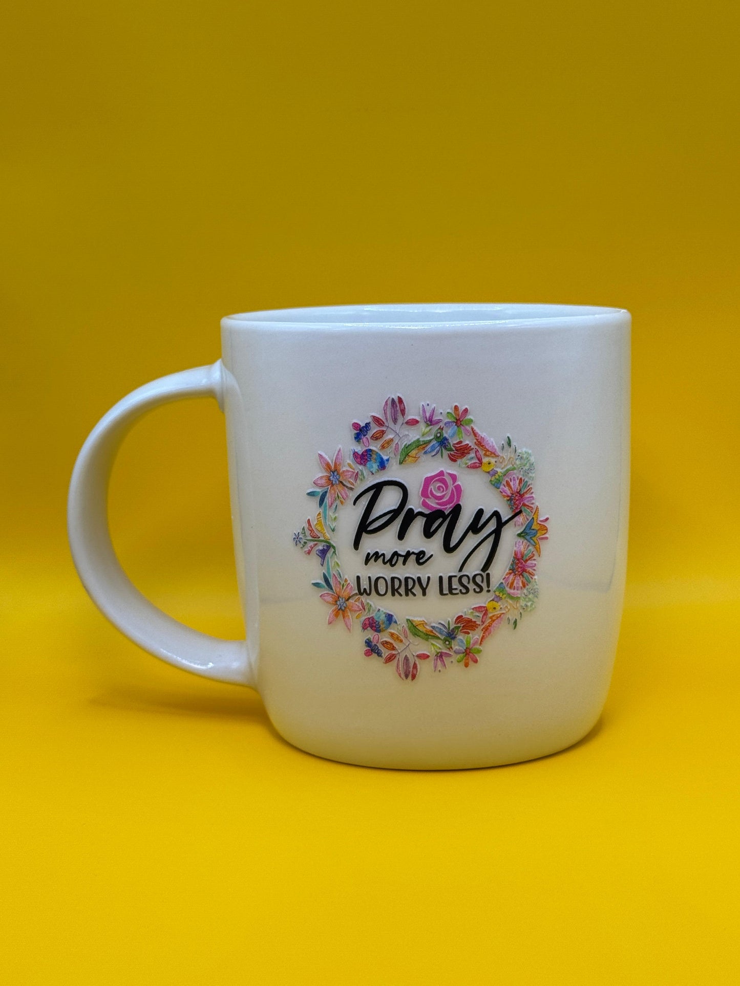 Pray More Worry Less Floral UV DTF White Mug