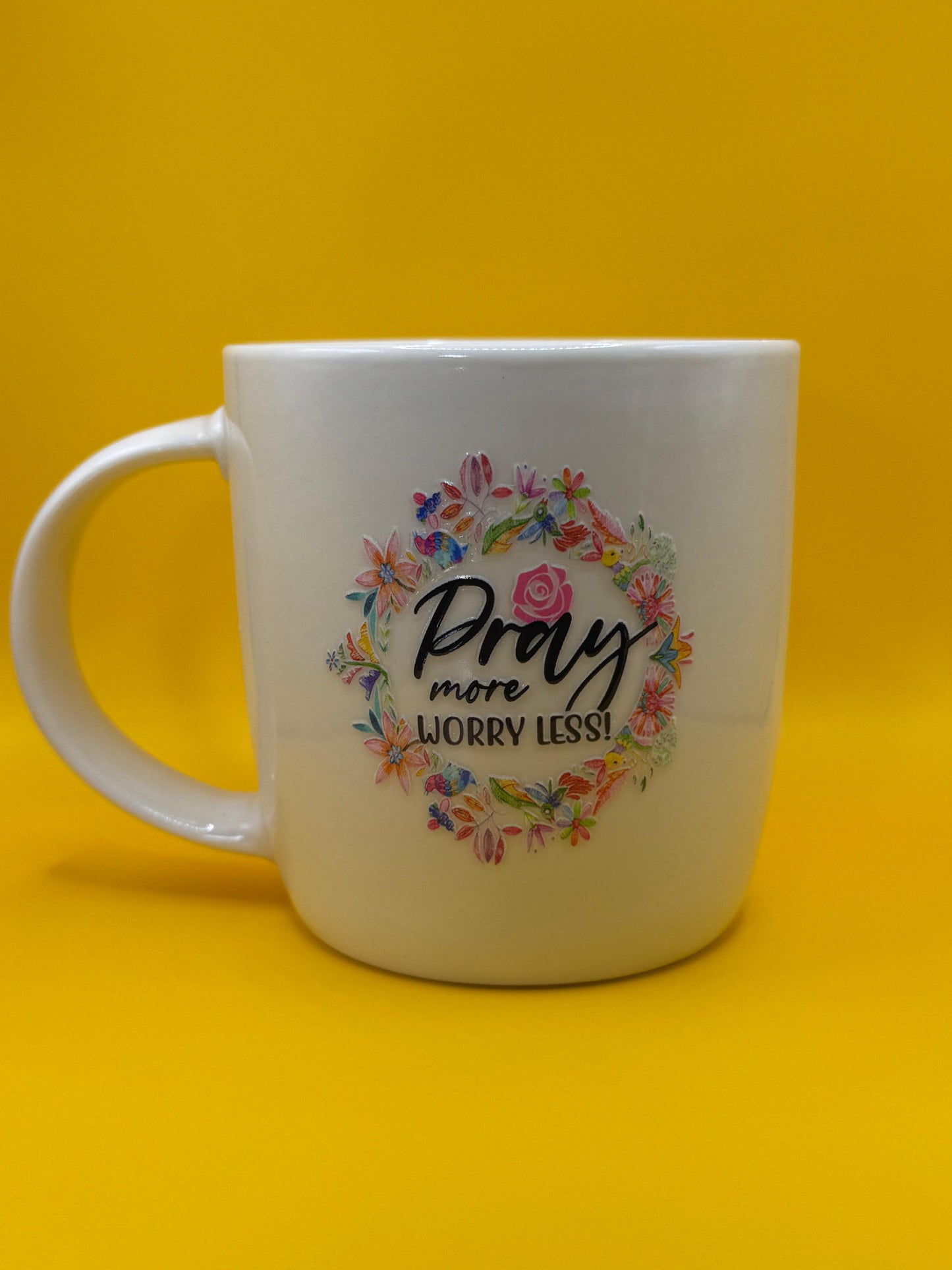 Pray More Worry Less Floral UV DTF White Mug
