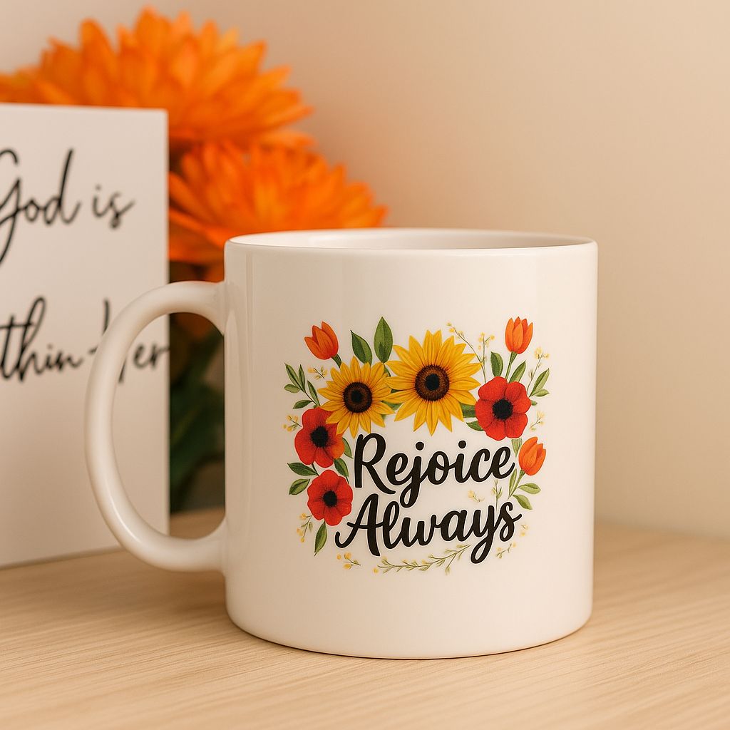 Rejoice Always Floral Mug – Inspirational UV DTF Sticker Design