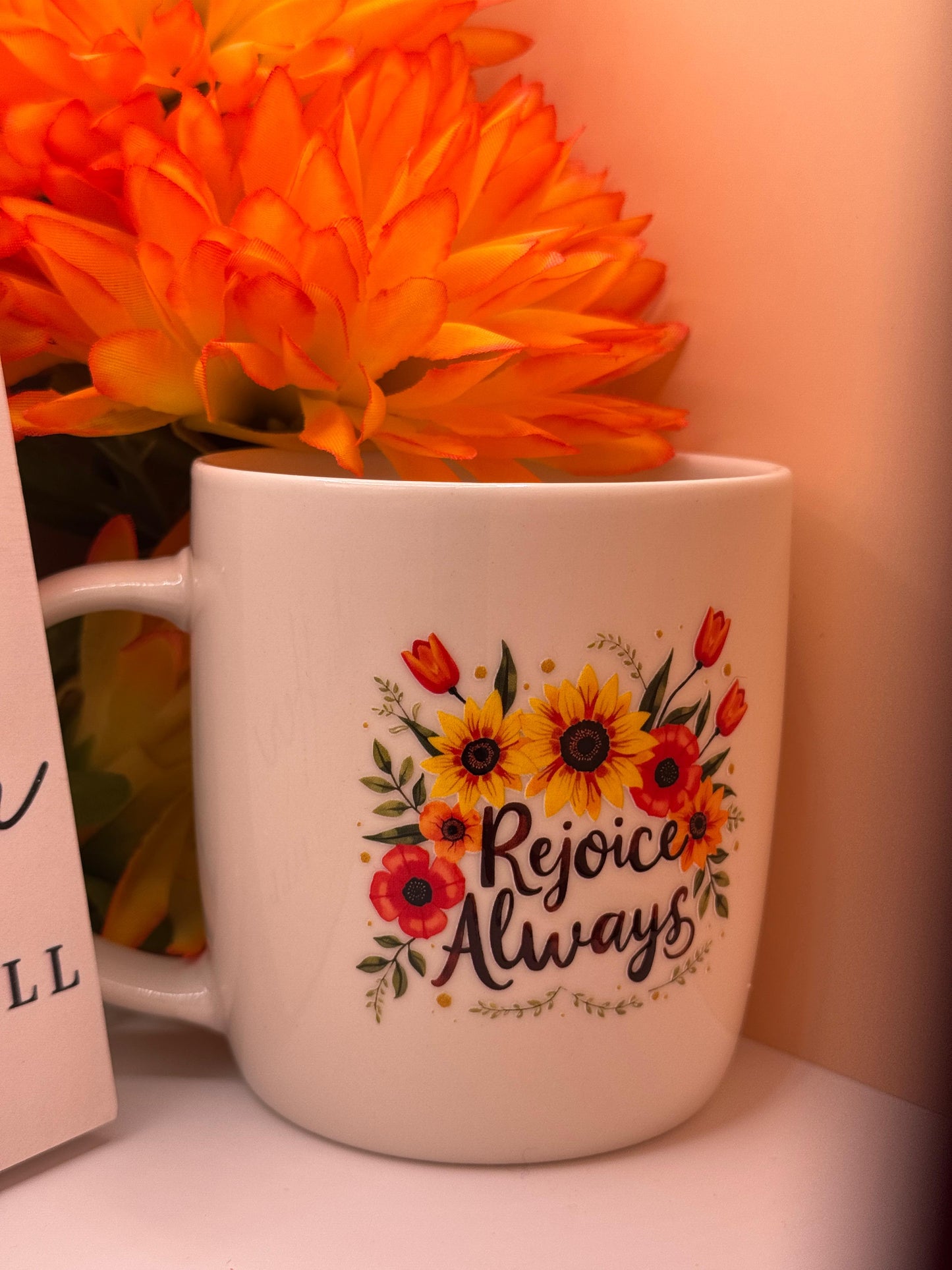 Rejoice Always Floral Mug – Inspirational UV DTF Sticker Design